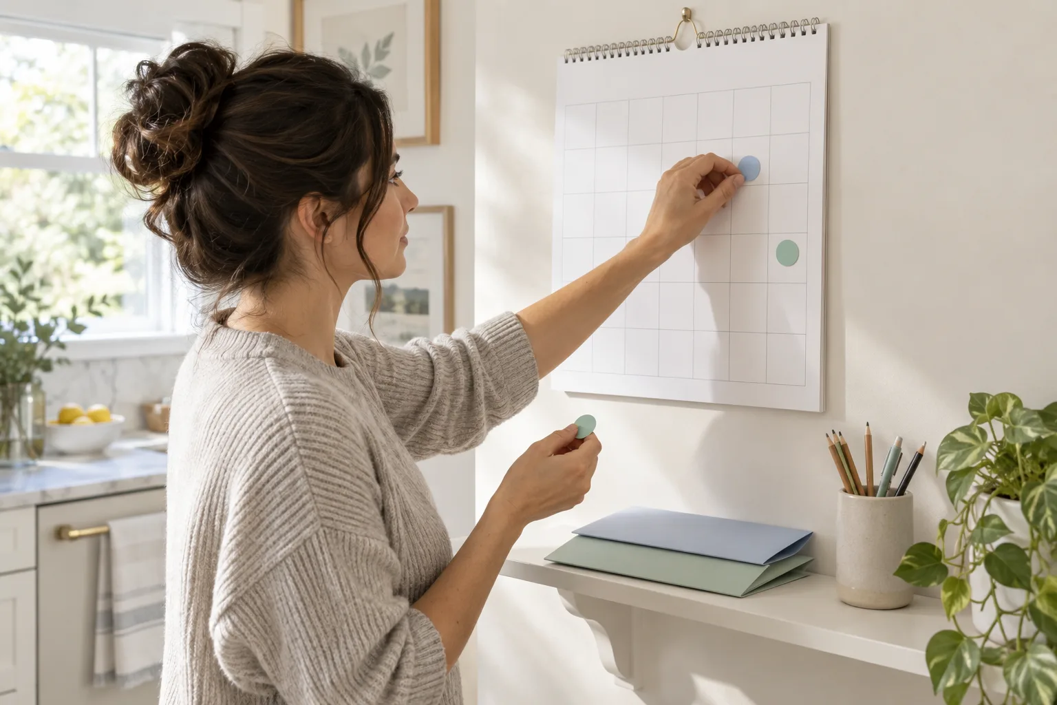 A person placing separate blue and mint markers on a blank wall calendar