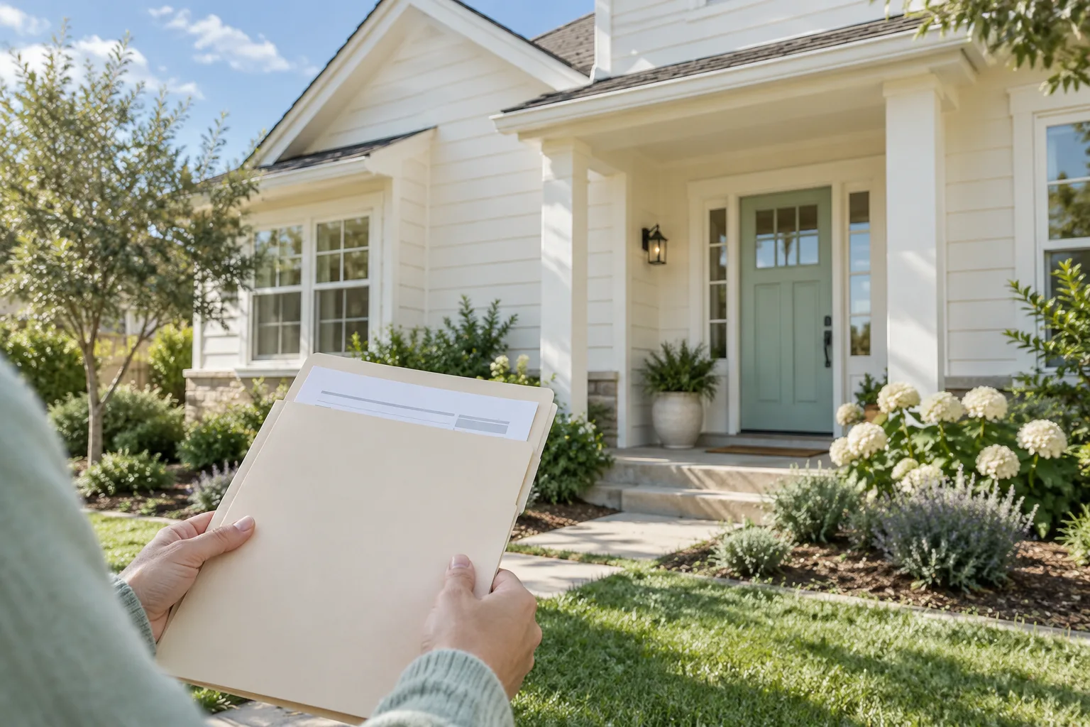 A homeowner holding a plain record folder in front of an ivory house with a mint door