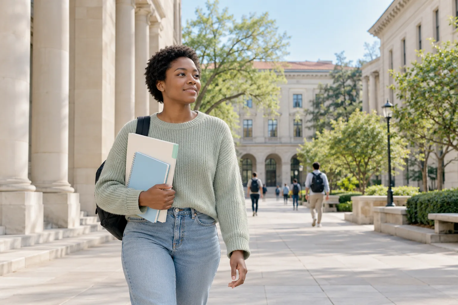 A student carrying a notebook and folder along a sunlit college campus walkway