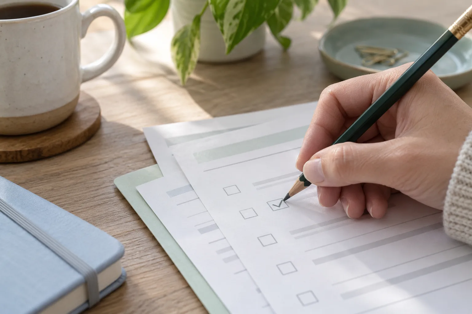 A hand marking a checkbox with a pencil on a simple abstract review sheet