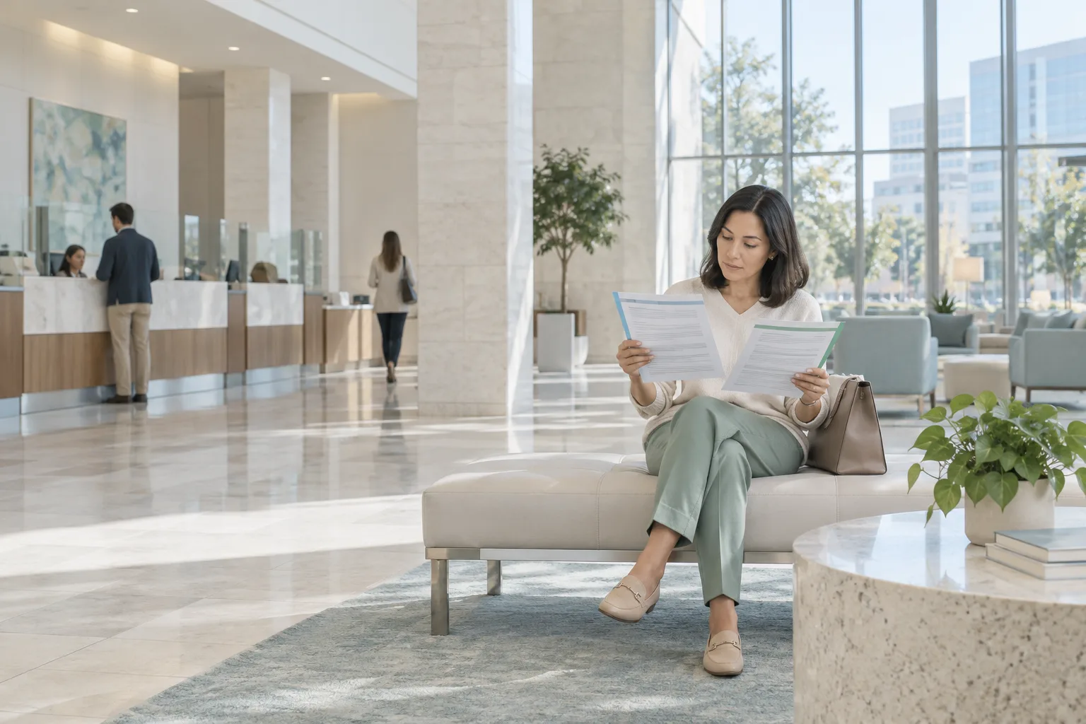 A customer comparing two abstract financial statements in a bright bank lobby