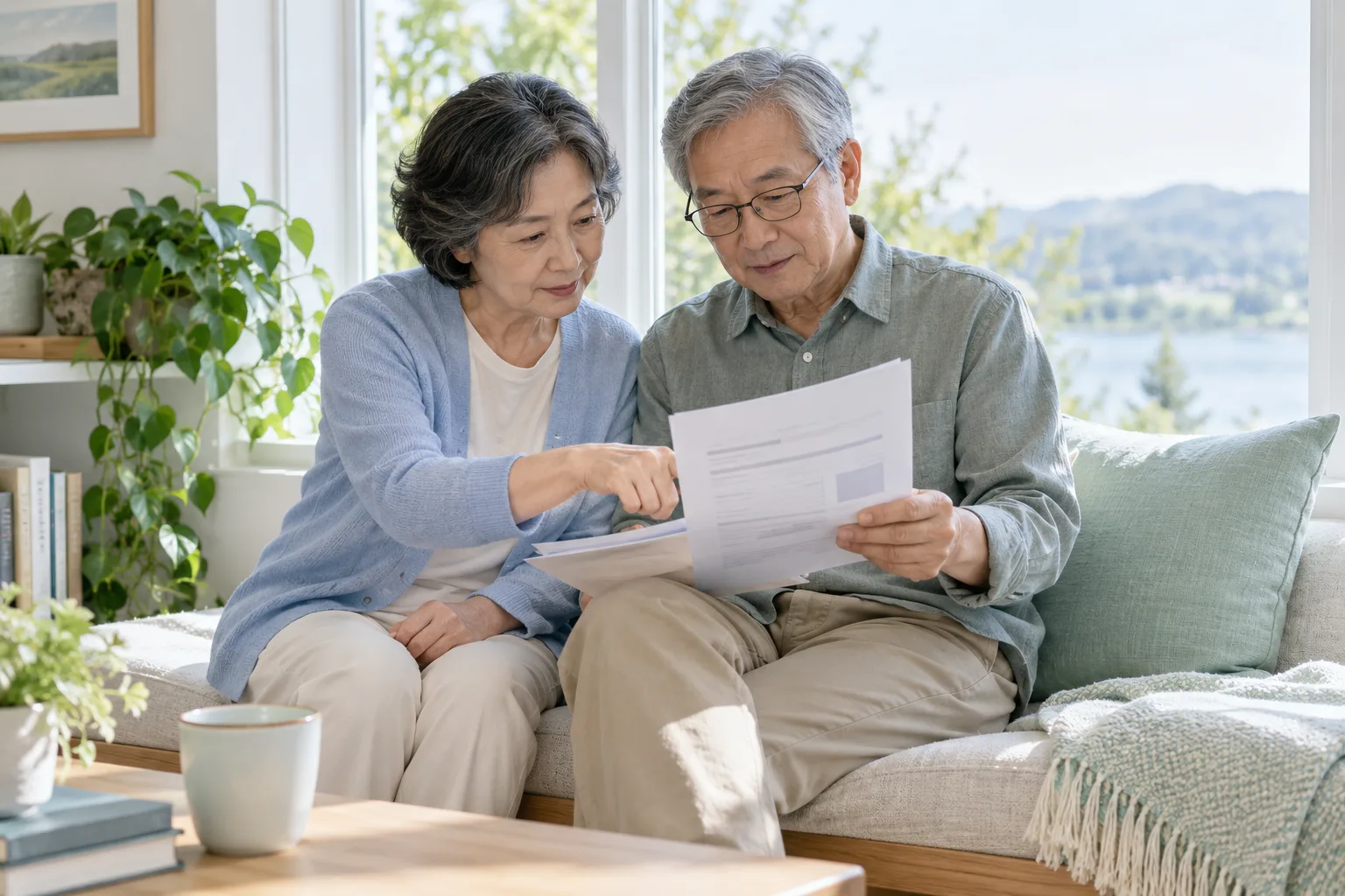 An older couple reviewing an abstract statement together on a bright window bench