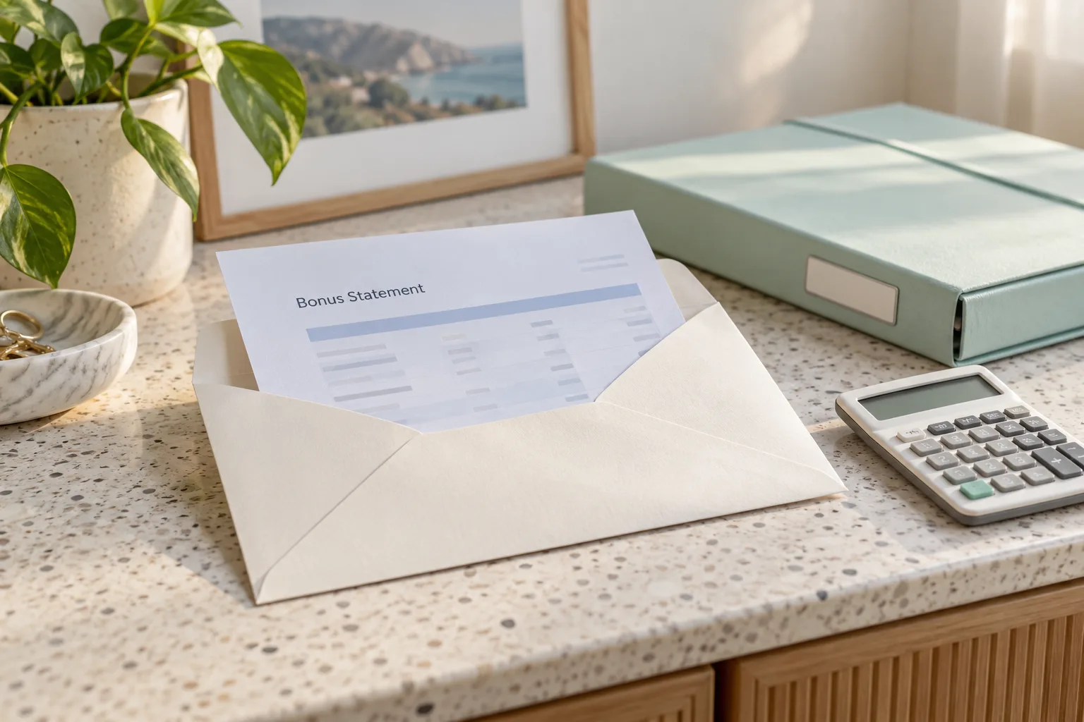 A payment envelope and generic statement sit beside a calculator and a closed records folder.
