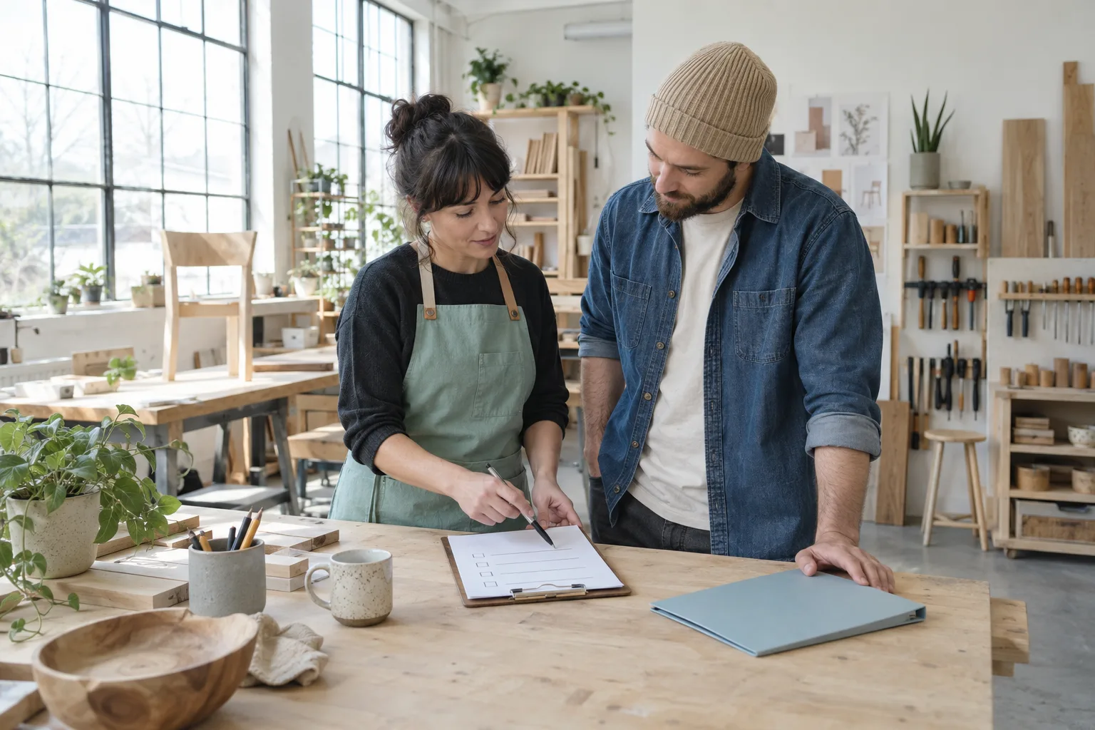 Two people reviewing a checklist together at a workbench in a bright furniture workshop