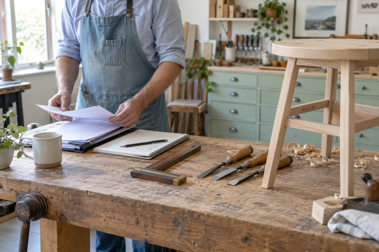 A woodworker reviews papers on a bench beside tools and a wooden stool.