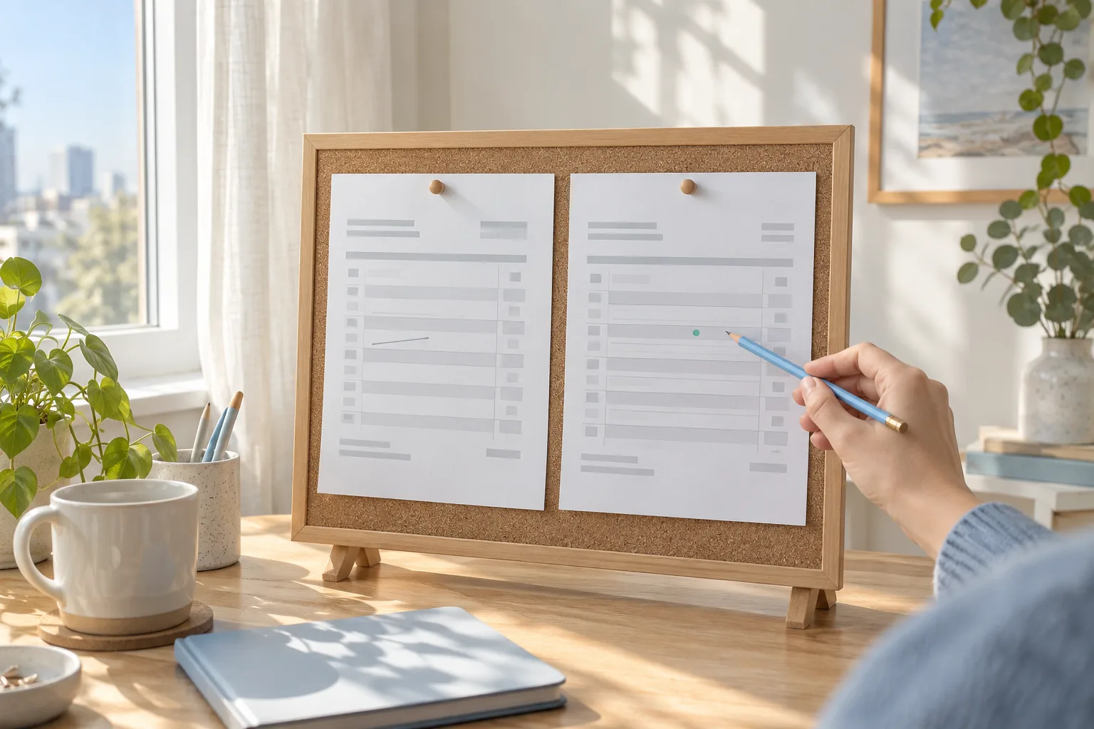 A hand comparing two abstract record pages pinned side by side on a cork board