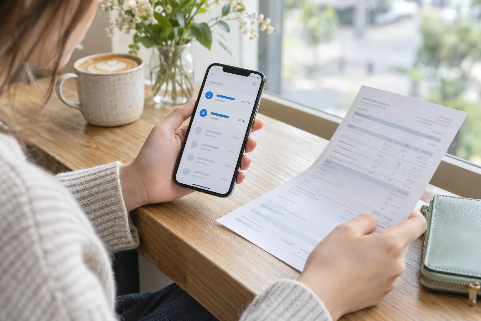 A phone with an abstract transaction list is held above a printed wage statement.