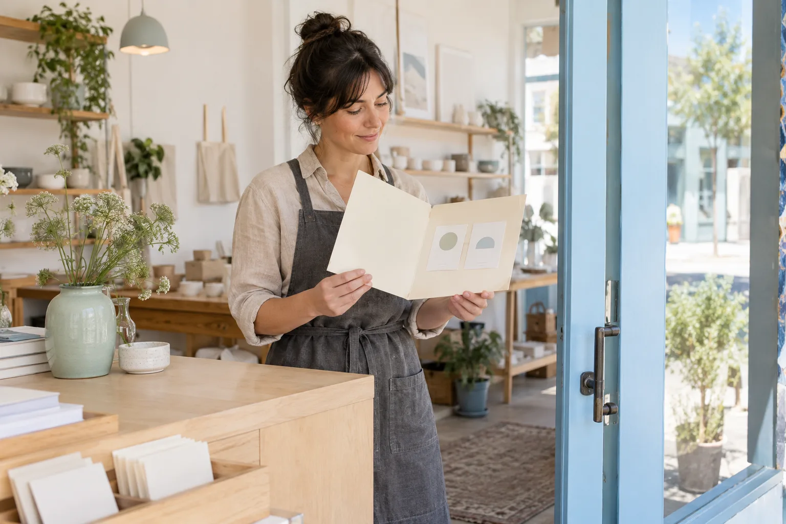 A shop owner reviewing two abstract identity cards inside a folder in a sunlit studio