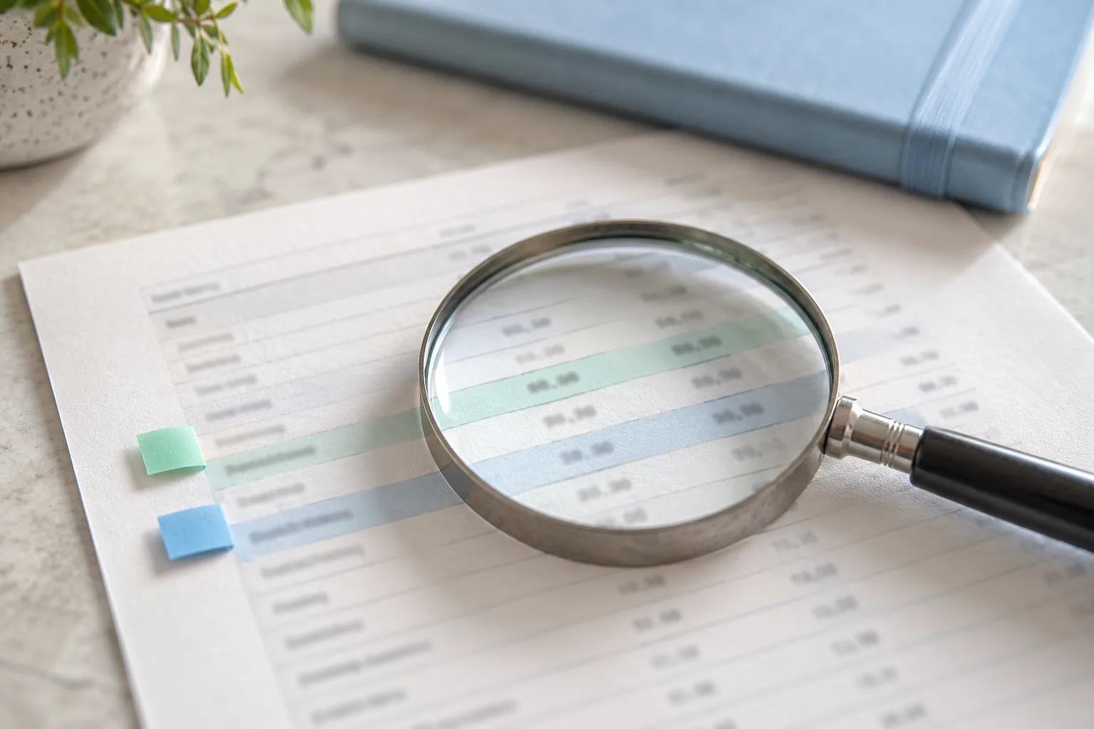 A magnifying glass enlarges two highlighted rows on a generic payroll deduction sheet.