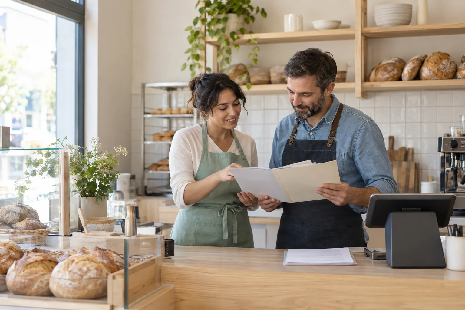 Two people review paperwork at a bakery service counter.