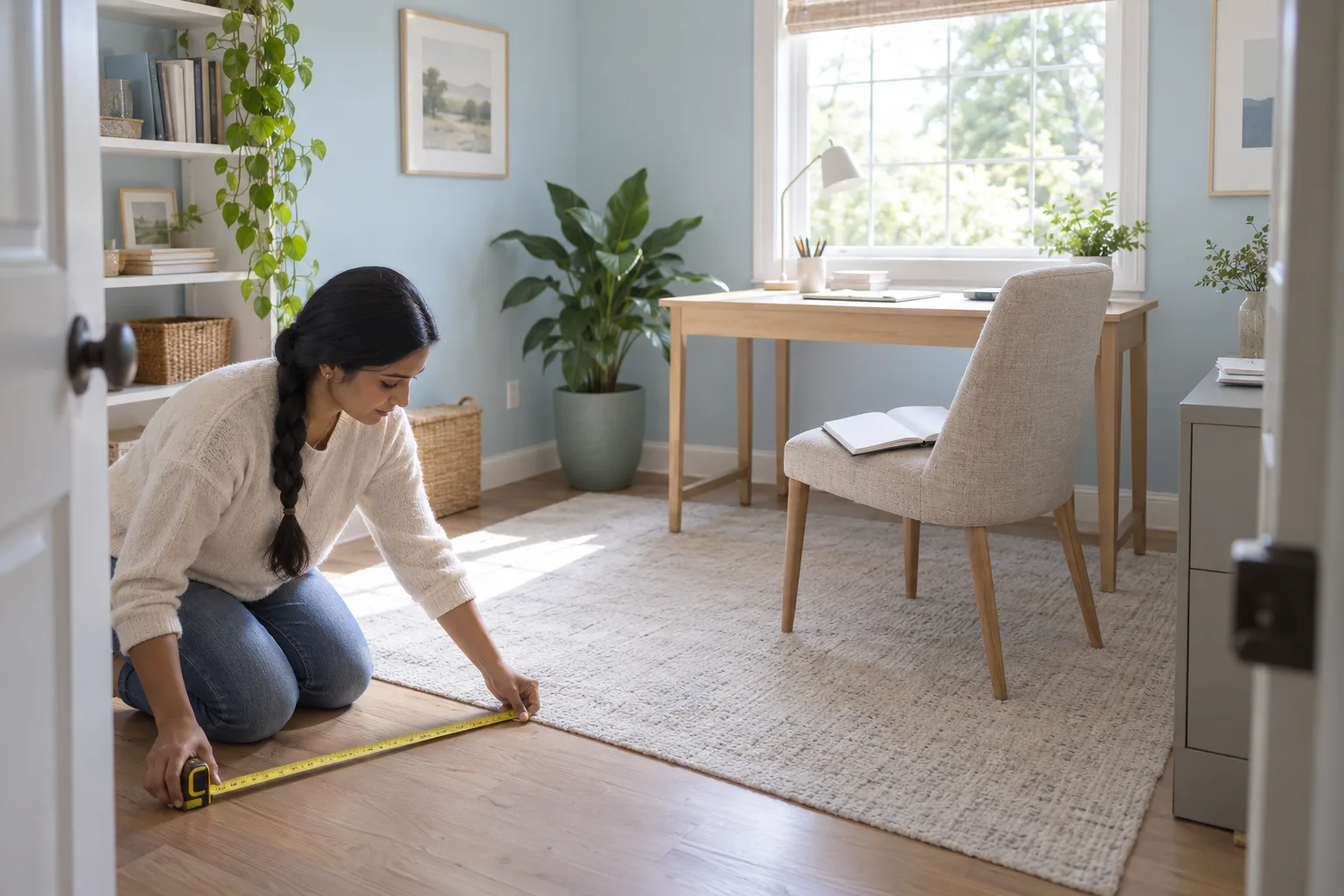 A person measuring the floor of a sunlit home office with a tape measure