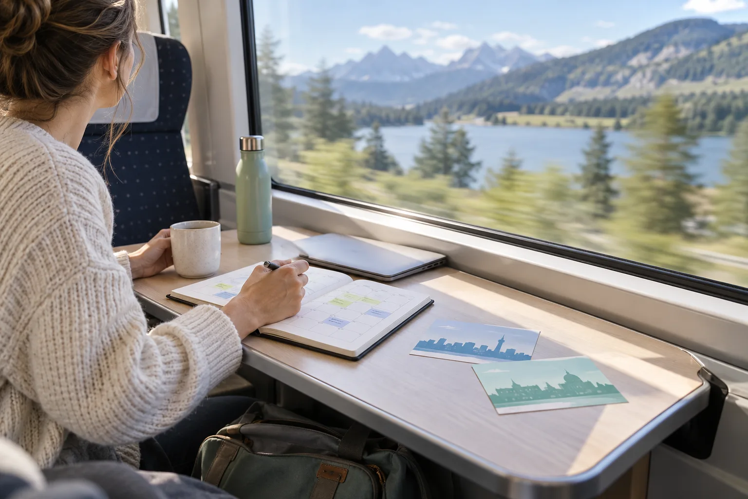 A travel planner with colored date blocks rests beside location cards and a laptop by a train window.