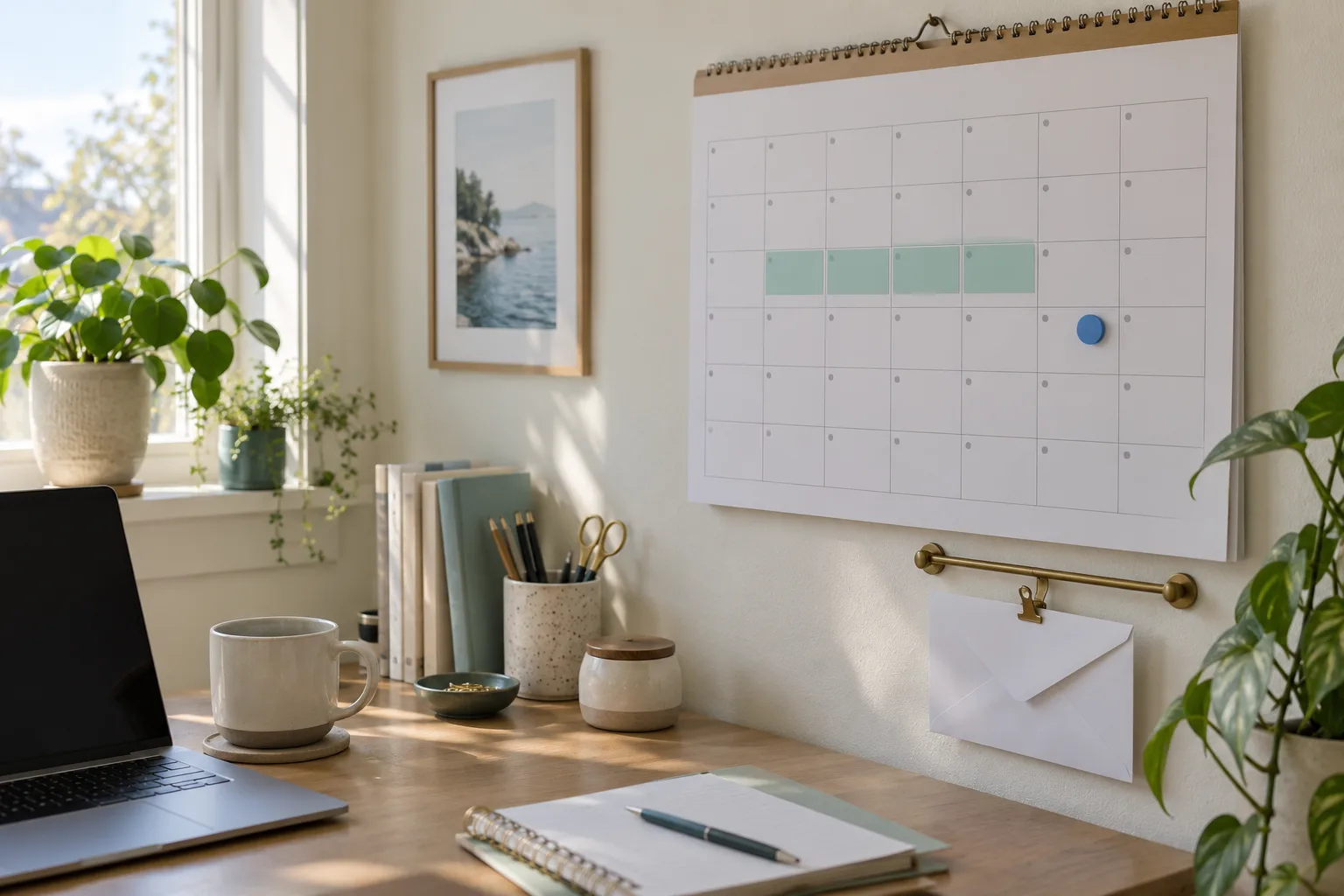 A wall calendar marks a span of days and a separate later date above a clipped envelope.