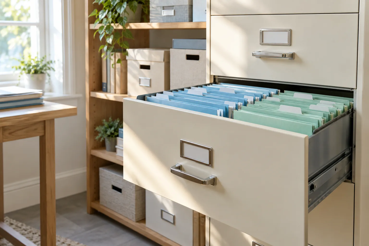 An open filing drawer holds blue and mint folders beside shelves of archival boxes.