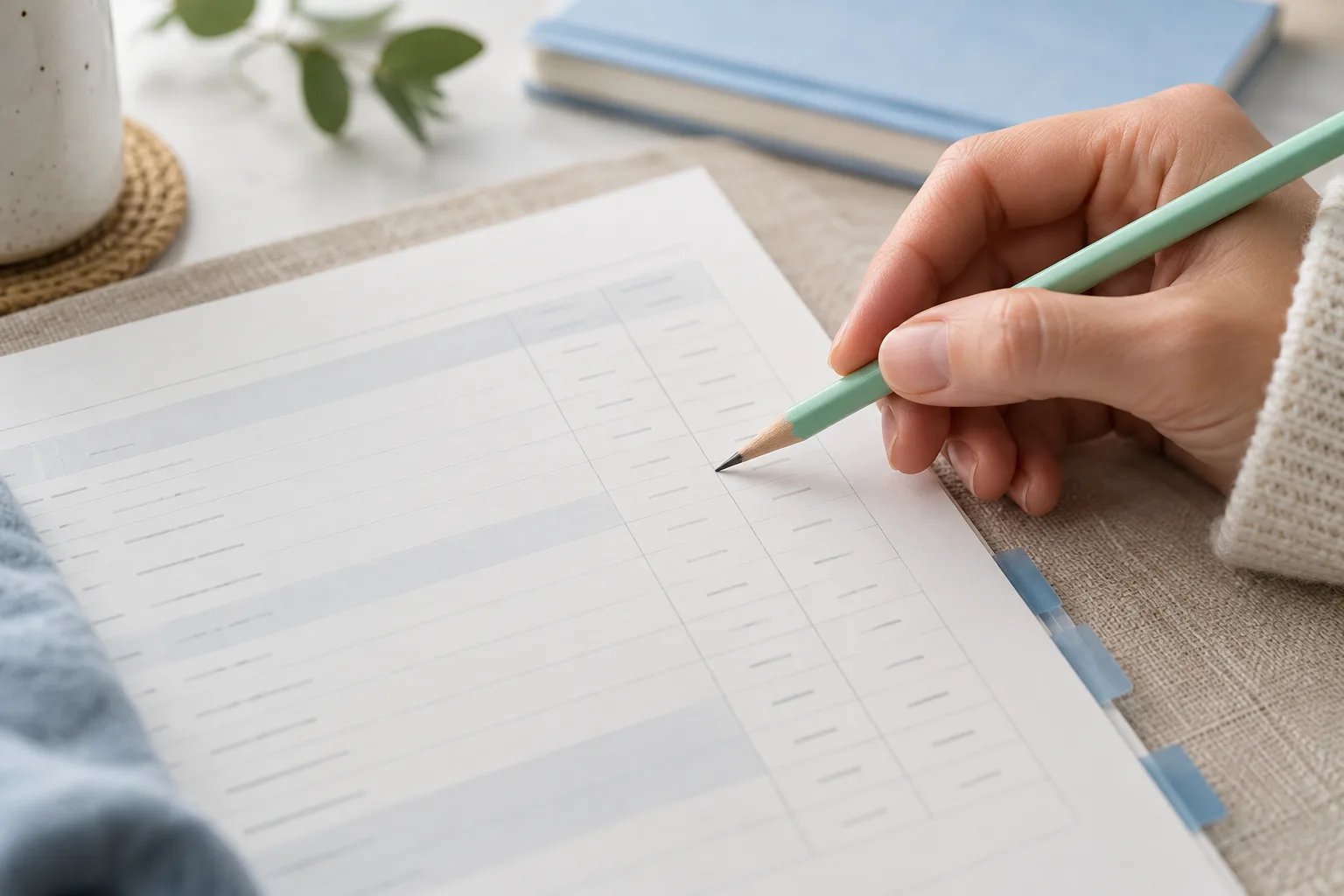 A hand points to the column grid of an illustrative wage statement with a mint pencil.