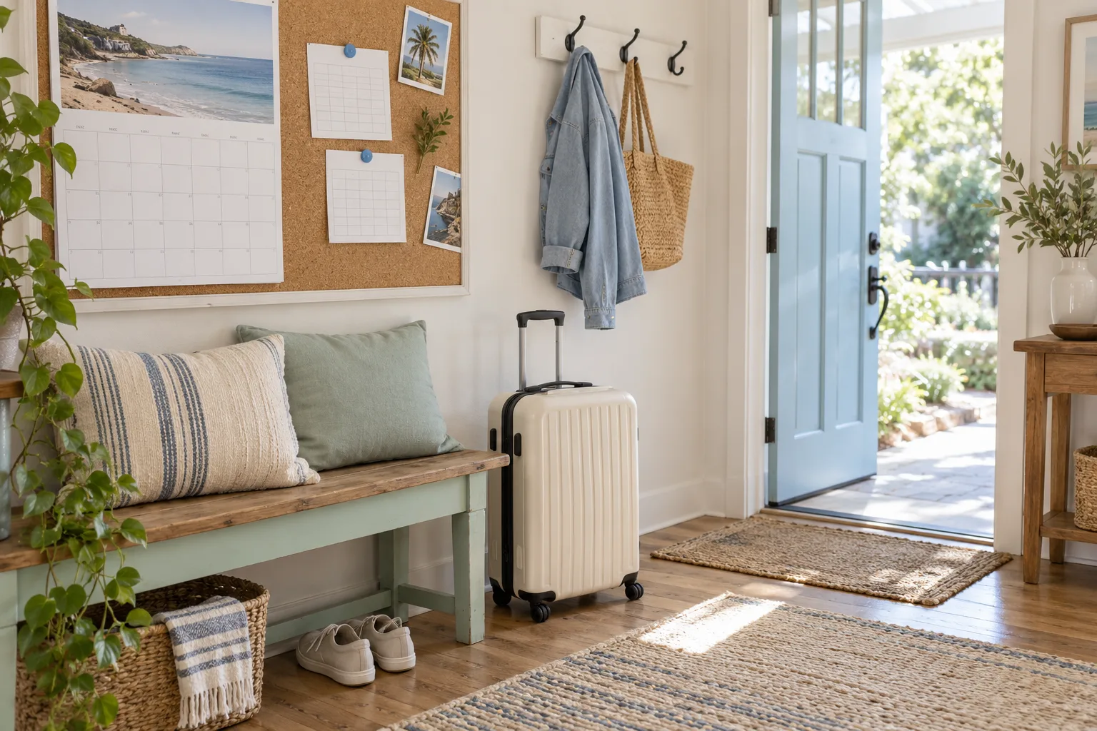 A calendar and leave-planning cards hang above a bench beside a small suitcase.