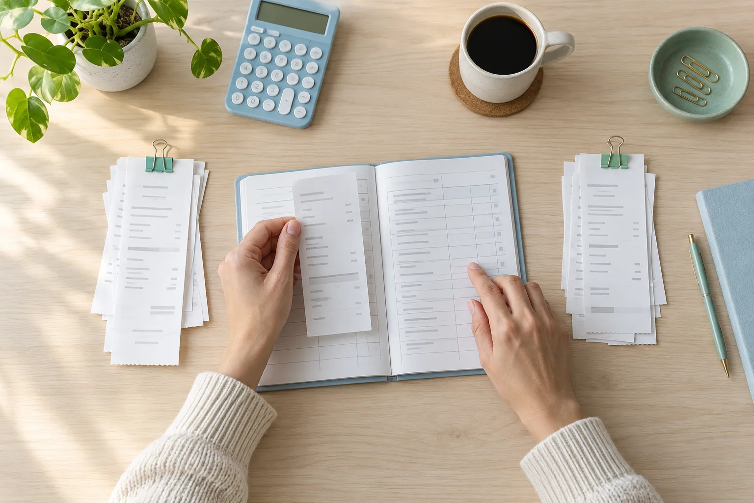 Hands matching a paper receipt to an abstract ledger between two orderly stacks of records