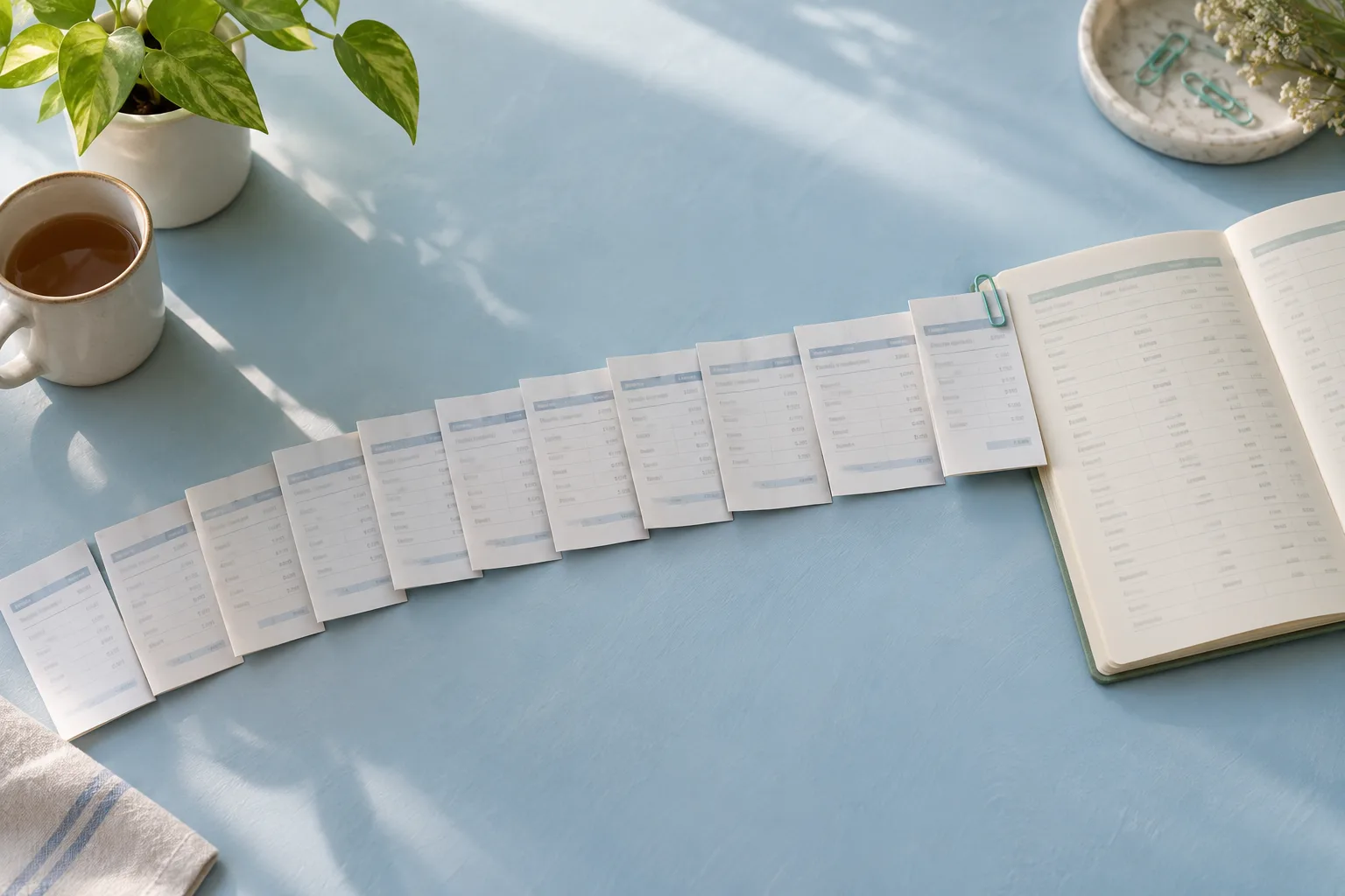 Payment slips arranged in a curve beside an open ledger for an annual reconciliation.