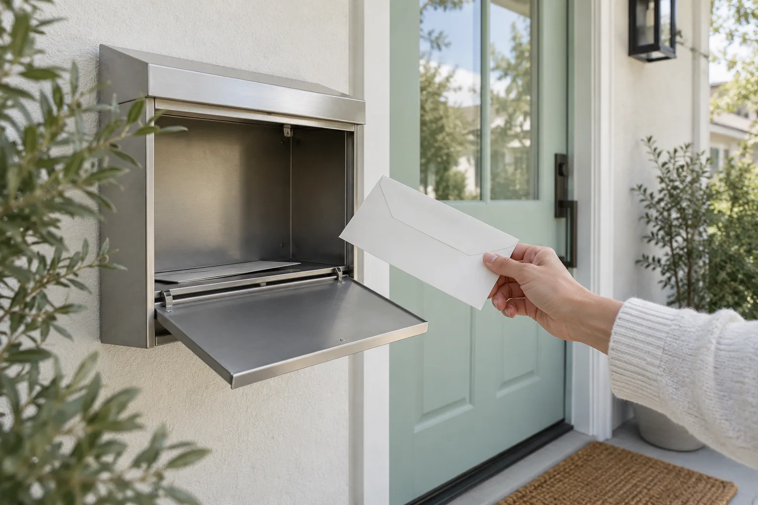 A hand holding a plain envelope beside an empty wall mailbox and a mint front door