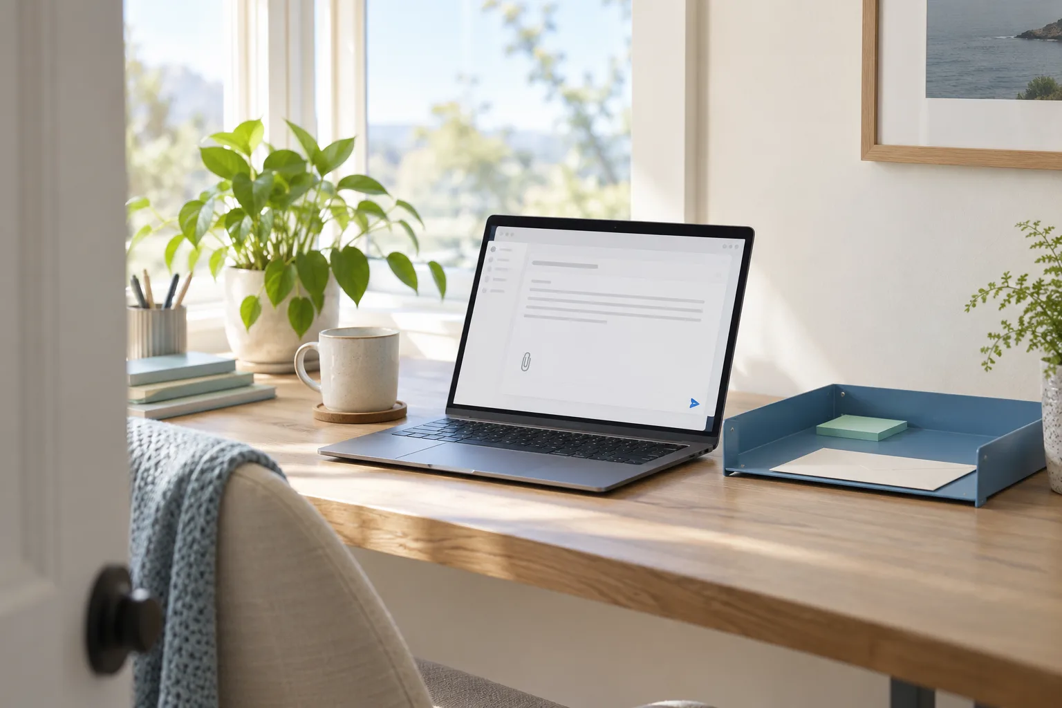 A laptop showing an illustrative email composer sits beside an inbox tray and envelope.