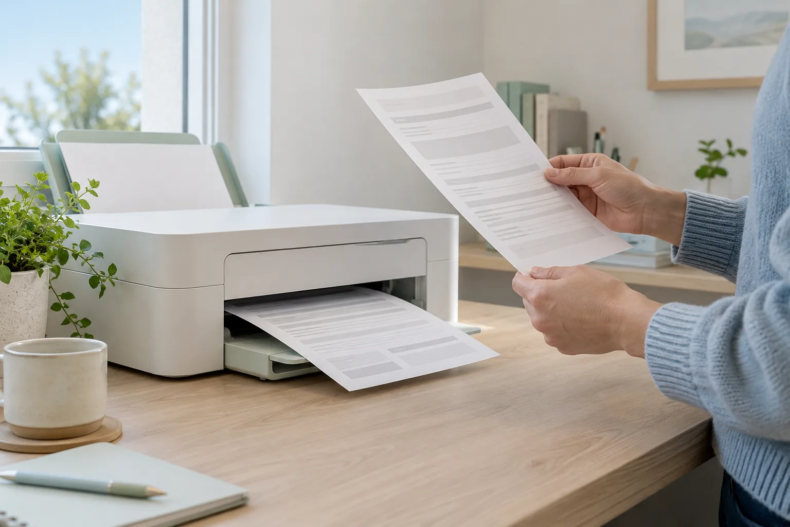 A person inspecting an abstract record sheet beside a printer producing another page