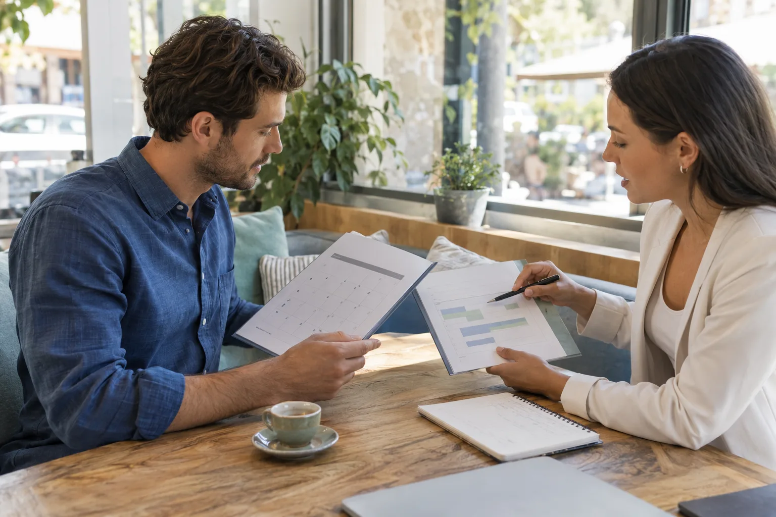 Two people compare offer folders and a notebook at a cafe table.