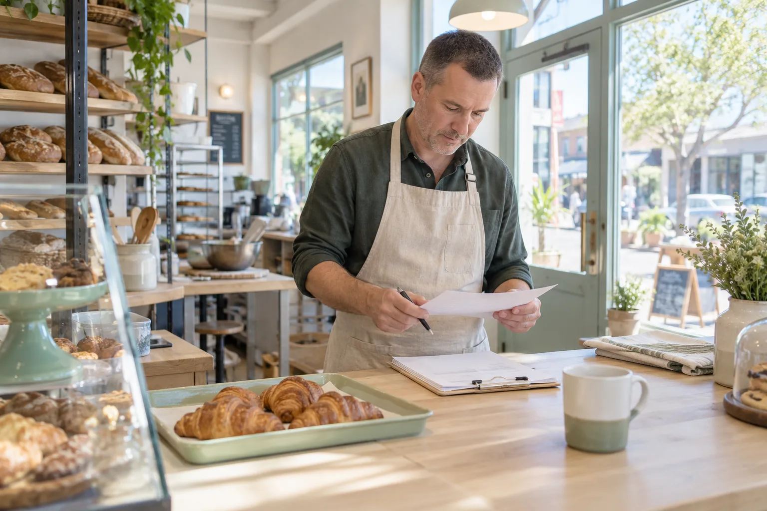 A bakery owner reviewing paper records behind a counter with fresh croissants