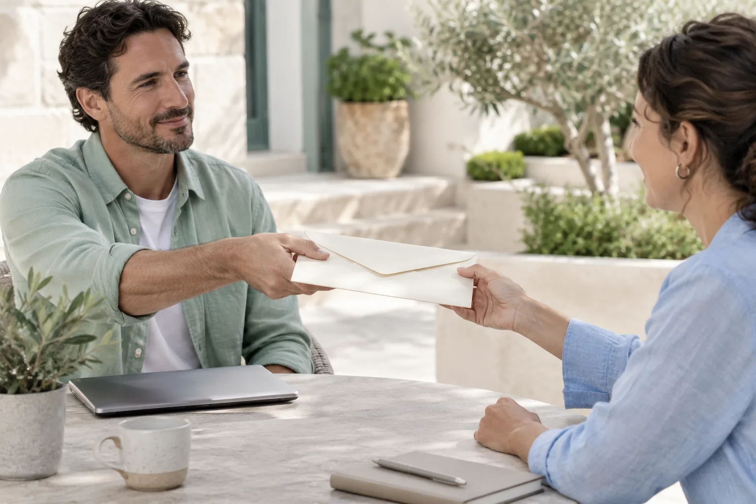 Two people passing a plain document envelope across a quiet courtyard table