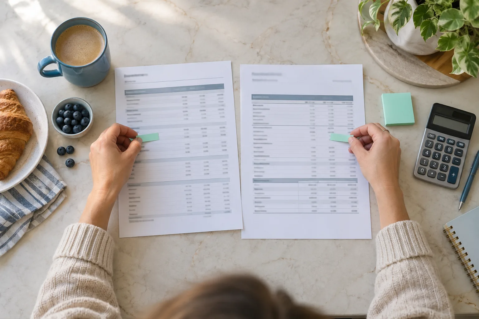 Two wage statements are compared beside a calculator and a blue cup on a kitchen counter.