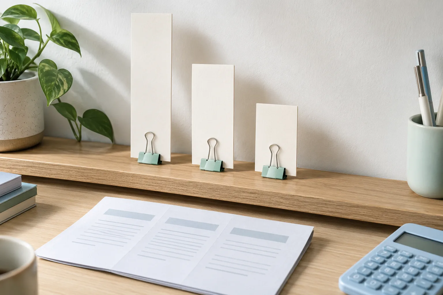 Three paper columns of different heights held by mint clips above an abstract wage record