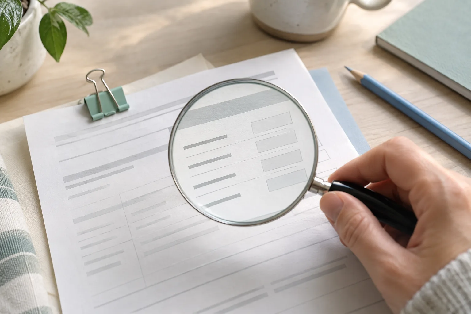 A hand holding a magnifying glass over paired abstract entries on a paper record