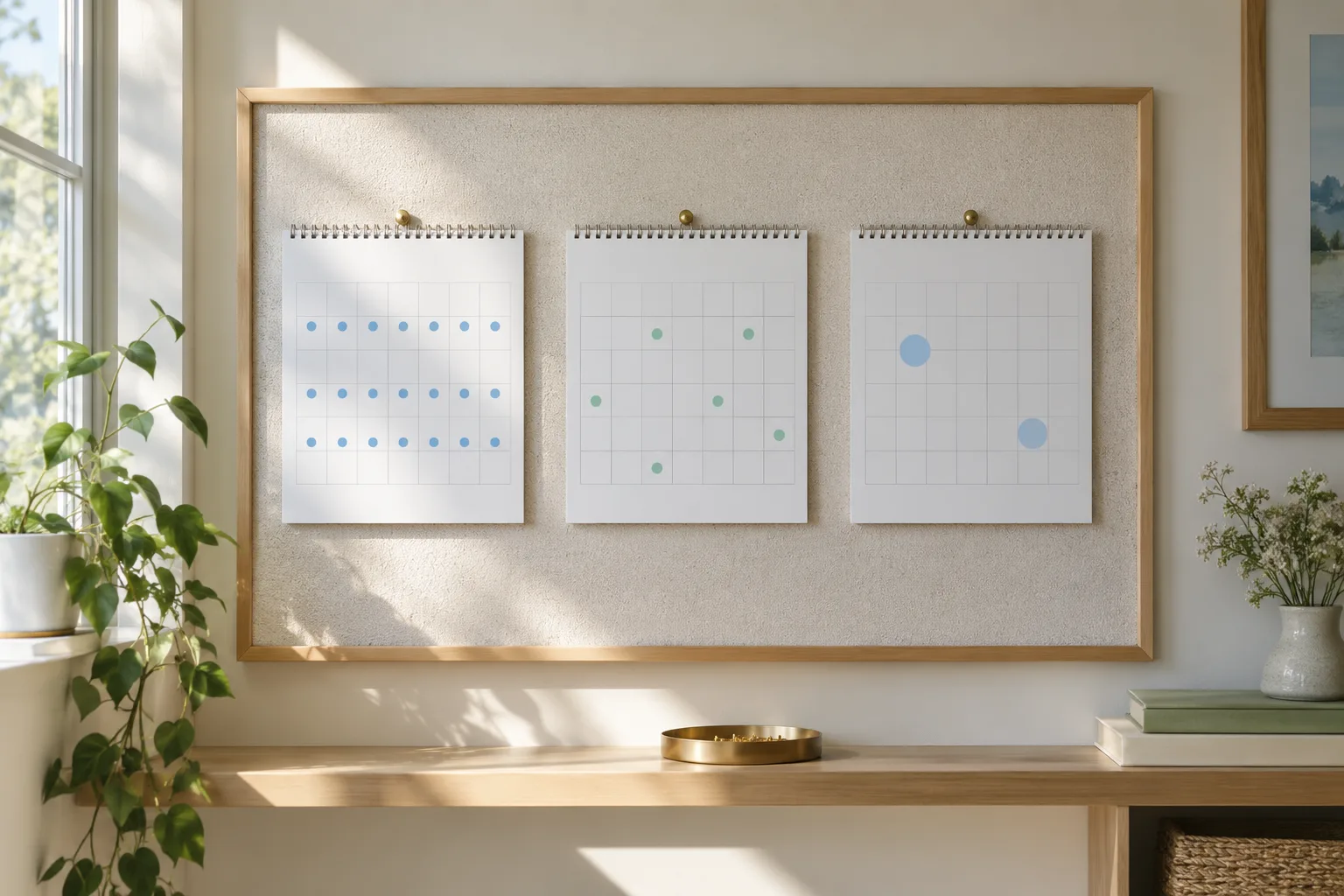 Three calendar pads use blue and mint markers to show different payment schedules.