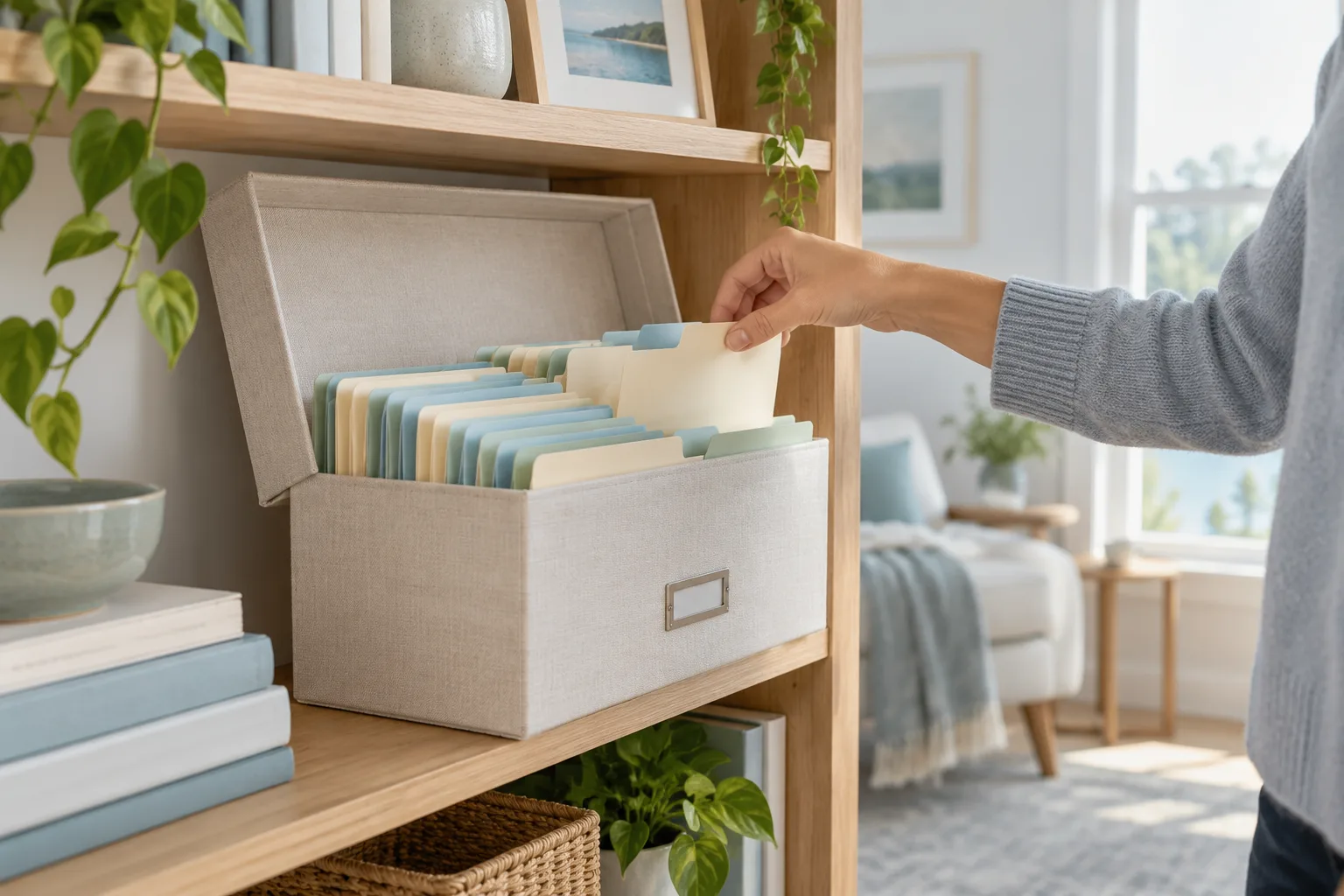 A hand placing a folder among orderly blue, mint and ivory folders in a linen archive box