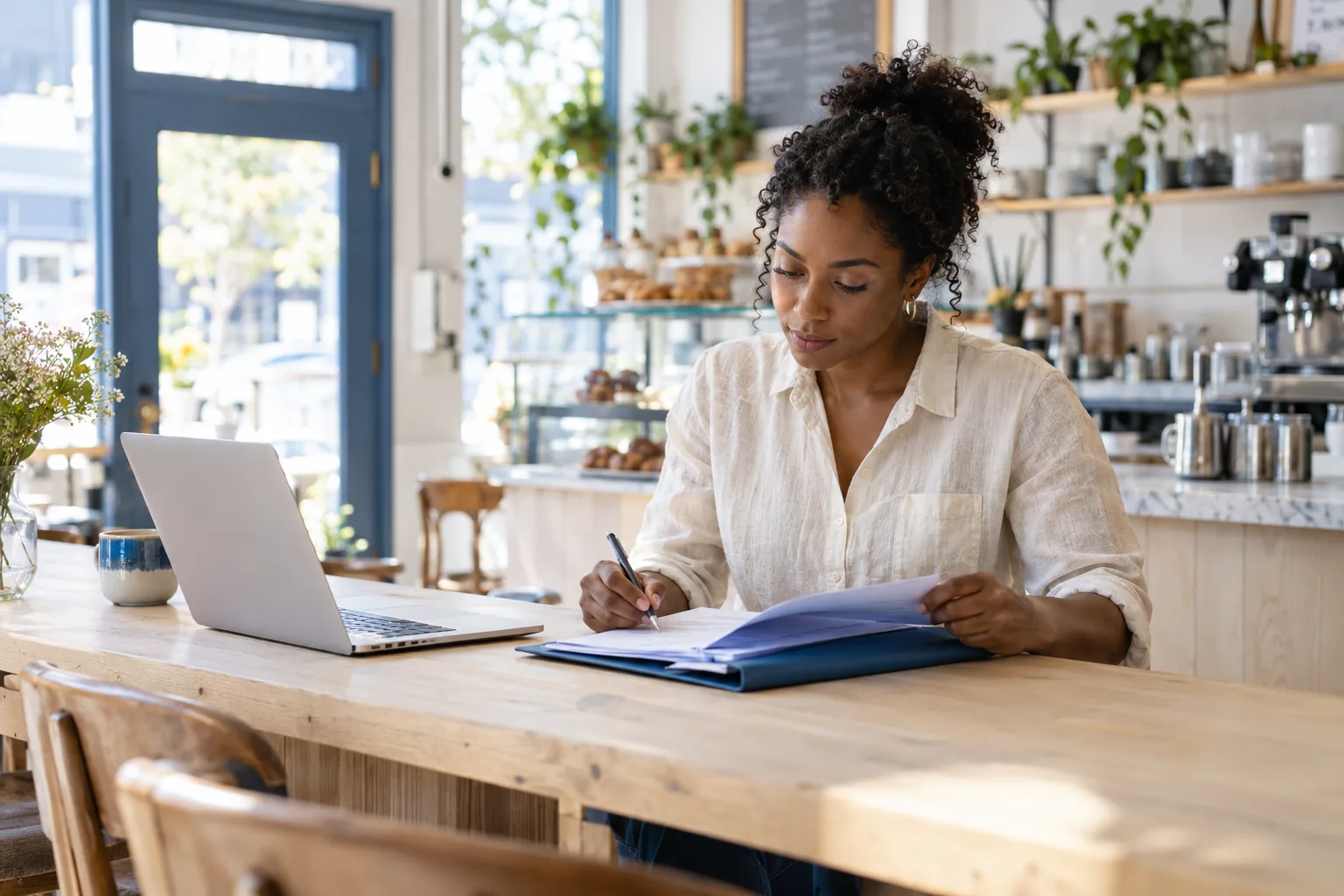 Business records, a laptop and organized paperwork at a small office desk