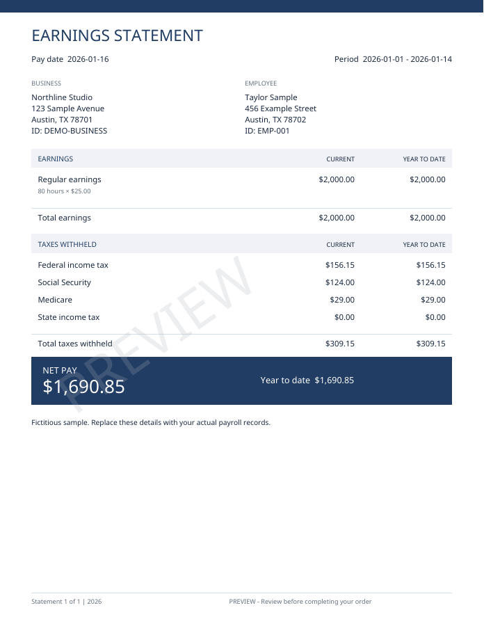 Fictional Paystub sample first page, with a preview watermark